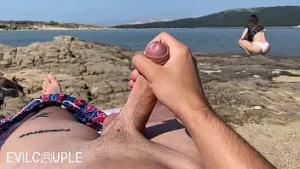 Stranger saw me jerking off at public beach and helps me cum with her sneakers