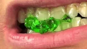 Mundvore Nahaufnahme von Fifi Foxx, der Gummibärchen isst