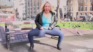 Flashing her pussy for all the workers